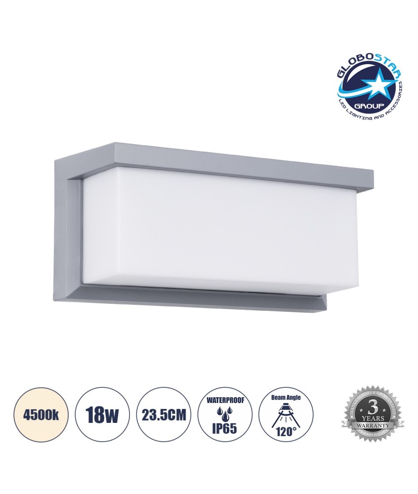 GLOBOSTAR® CITYSCAPE 60698 Μοντέρνο Φωτιστικό Τοίχου - Απλίκα LED 18W 1890lm 120° AC 220-240V Αδιάβροχο IP65 Φυσικό Λευκό 4500K - Bridgelux SMD Chip - Γκρι Ματ - Μ23.5 x Π11 x Υ10cm - 3 Χρόνια Εγγύηση